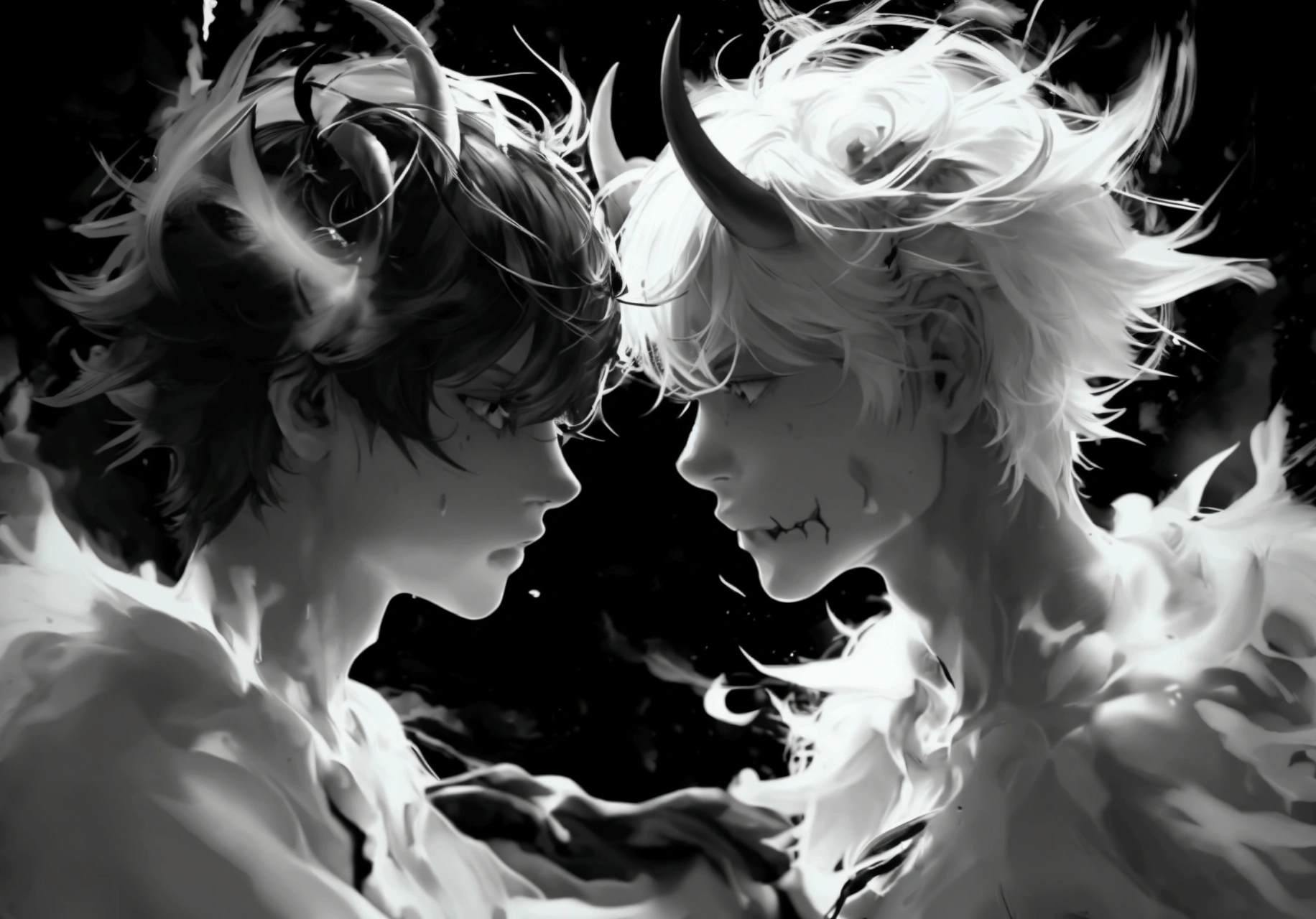 a black and white image of two people punching each othe on the face, only their faces are seeable,(one is a normal guy,and the other is a monster with two horns on his head)