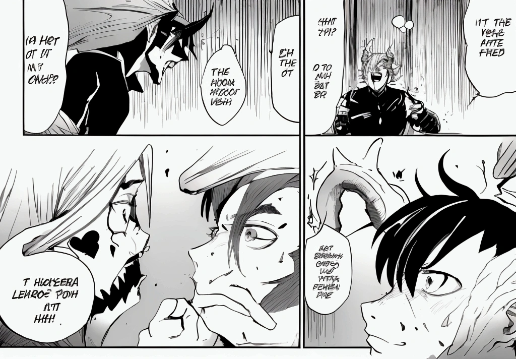 a black and white image of two people punching each othe on the face, only their faces are seeable,(one is a normal guy,and the other is a monster with two horns on his head)
