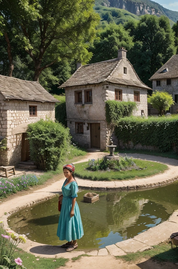 Sure, here's a prompt for generating a 3D image based on your description:
"Create a 3D image featuring a beautiful village woman standing by a well. She is surrounded by a crowd of people, with a picturesque village setting in the background. The scene should capture the essence of rural life, with detailed and vibrant colors to bring the setting to life."
