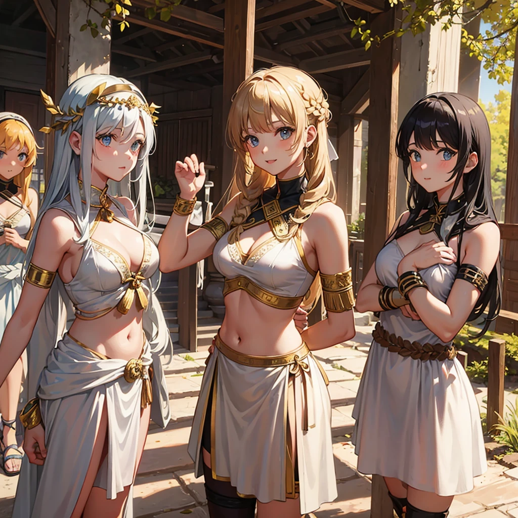 young greek warriors girls in togas , only girls , forest in the background , sandals , sexy