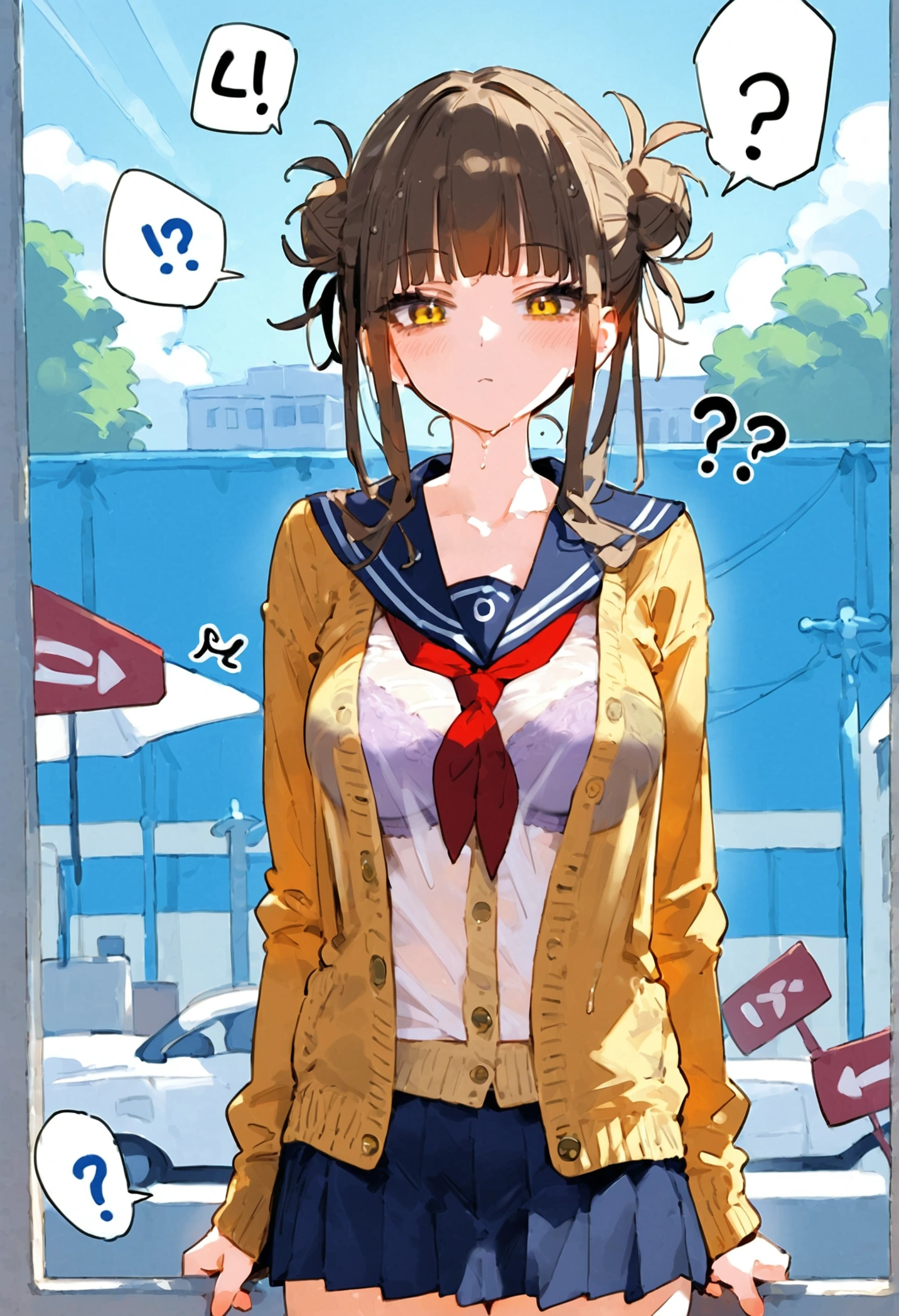 anime art, punctuation_9, punctuation_8_High above, punctuation_7_High above, punctuation_6_High above, punctuation_5_High above, punctuation_4_High above, toga himiko, breasts big, She is 24 years old, styled_3, ,,, yellow eyes , , , , _, , His usual outfit consists of a simple seifuku with a very short Kansai collar and a wet, translucent texture., with the eyes appearing a little., both the short skirt showing the thin, translucent white panties and the small, transparent dark blue shirt with a double white finish, really small, which is combined with a red scarf that she ties loosely below almost falling down. On top of this, She wears a small beige cardigan with small hem and cuffs , and pockets on both sides, the one on the right shows a series of trinkets on a keychain or on a cell phone strap. She wears black knee-high socks and dark brown school shoes.. fundo cinza, the view would be of her from the coast and a view below her, your ass would be very big and your panties would be very thin, the poico skirt covered it, and she wasn't wearing a bra under her see-through t-shirt, causing your nipple to show, bigger and more visible breasts, song much more transparent, more apparent and voluminous intimacy