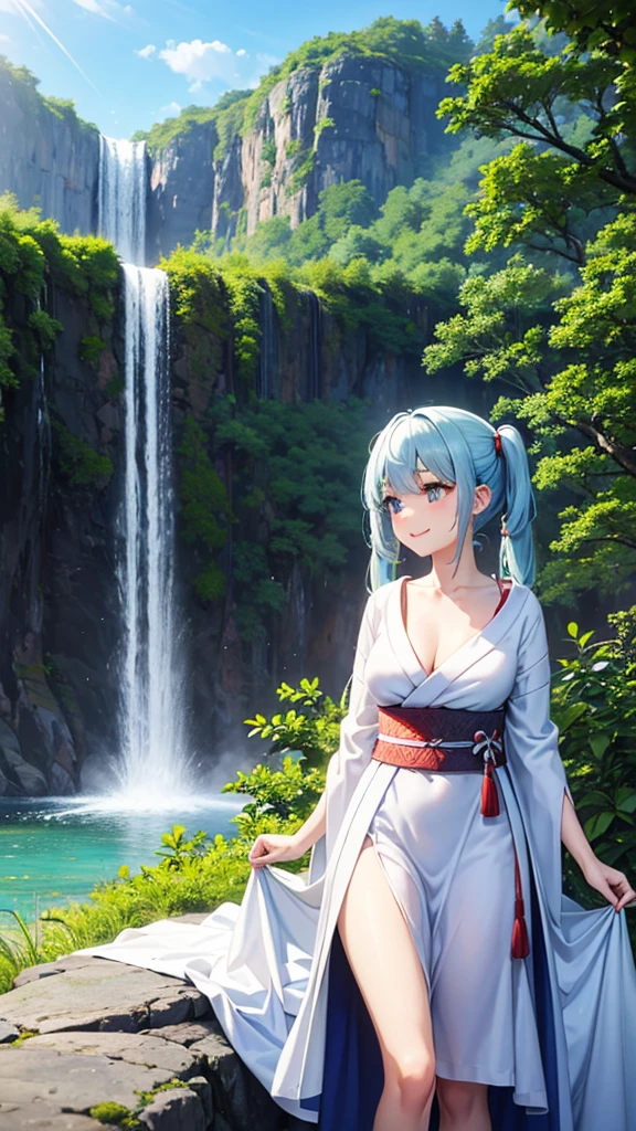 Sexy beauty,Beautiful Japanese Landscape、Big waterfall,Sunlight shines through the green leaves、The costume is a white half dress.、Light blue long hair、Beautiful girl with twin tails、Look up at the sky、Bright smile