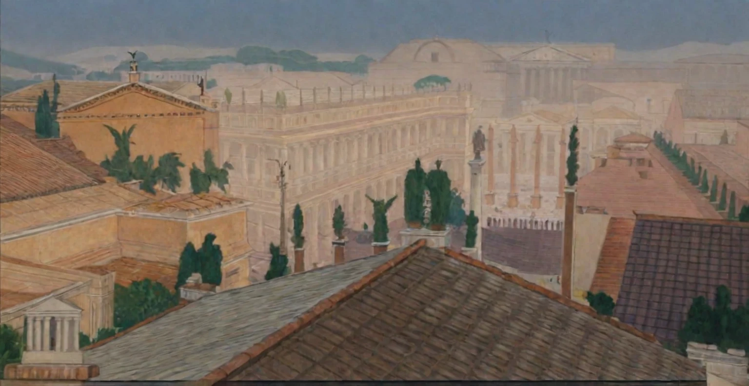 arafed view of a city with a lot of buildings and a clock tower, roman city, rome, ancient rome, rome in background, eternal city, roma, roman monuments, ancient roman setting, rome backdrop, roman historic works, market in ancient rome, old roman style, colosseo, city ruins in the background, ancient roman style, view from slightly above
