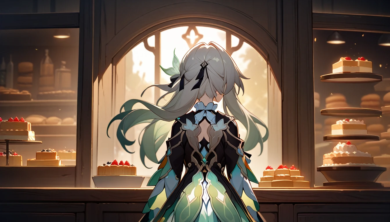 scene of girl standing in front of bakery window, 1girl, firefly, honkai star rail, staring at cake through window, detailed, high quality, fair, hd, detailed, good lighting, back turned, back off head,