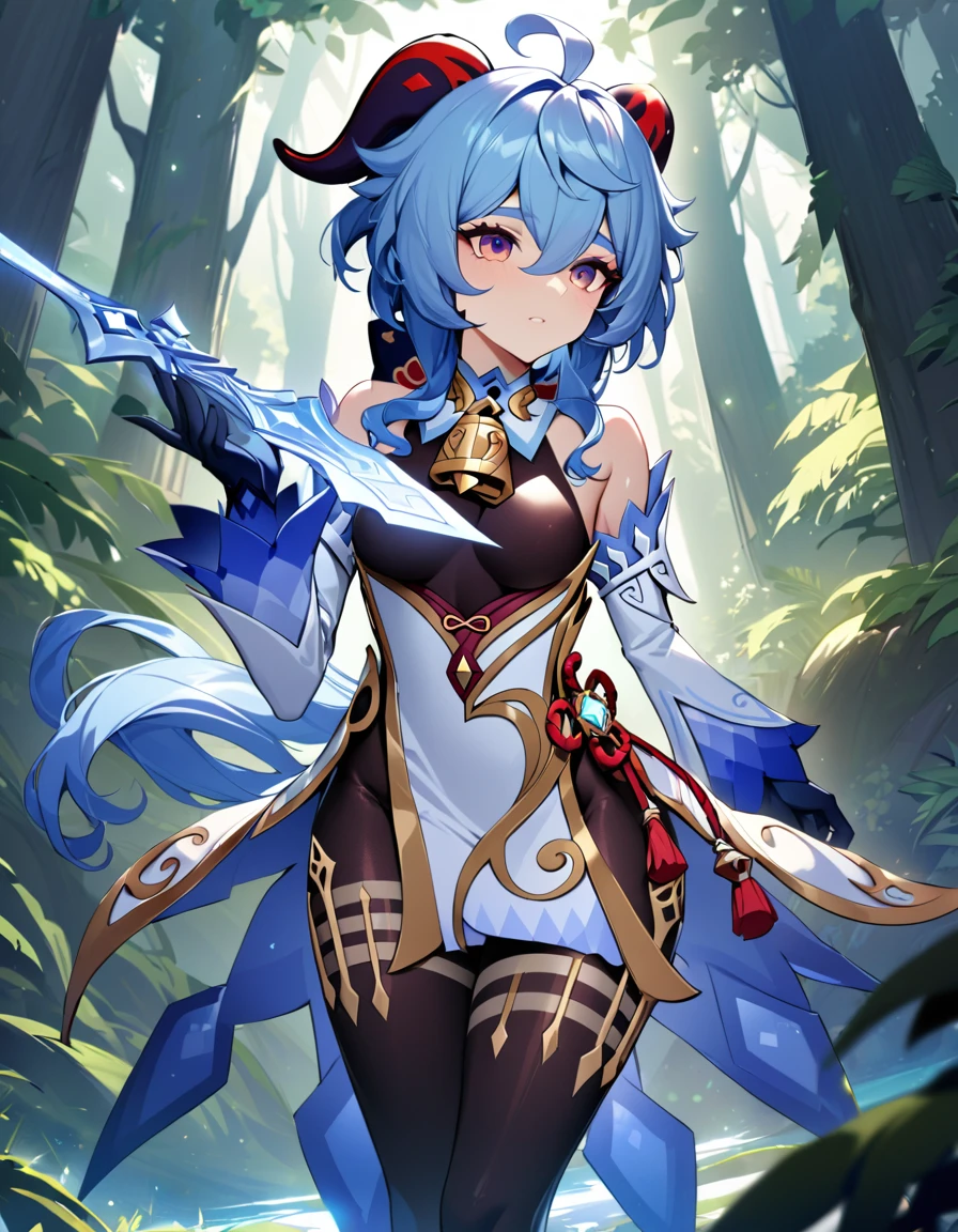 Ganyu (genshin impact), use blue Epic paladin Armor, sword 1 hand, hight quality, best quality, masterpiece, intricate details, high resolution, extremely detailed face, perfect lighting,(perfect hands), Detailed background, forest,