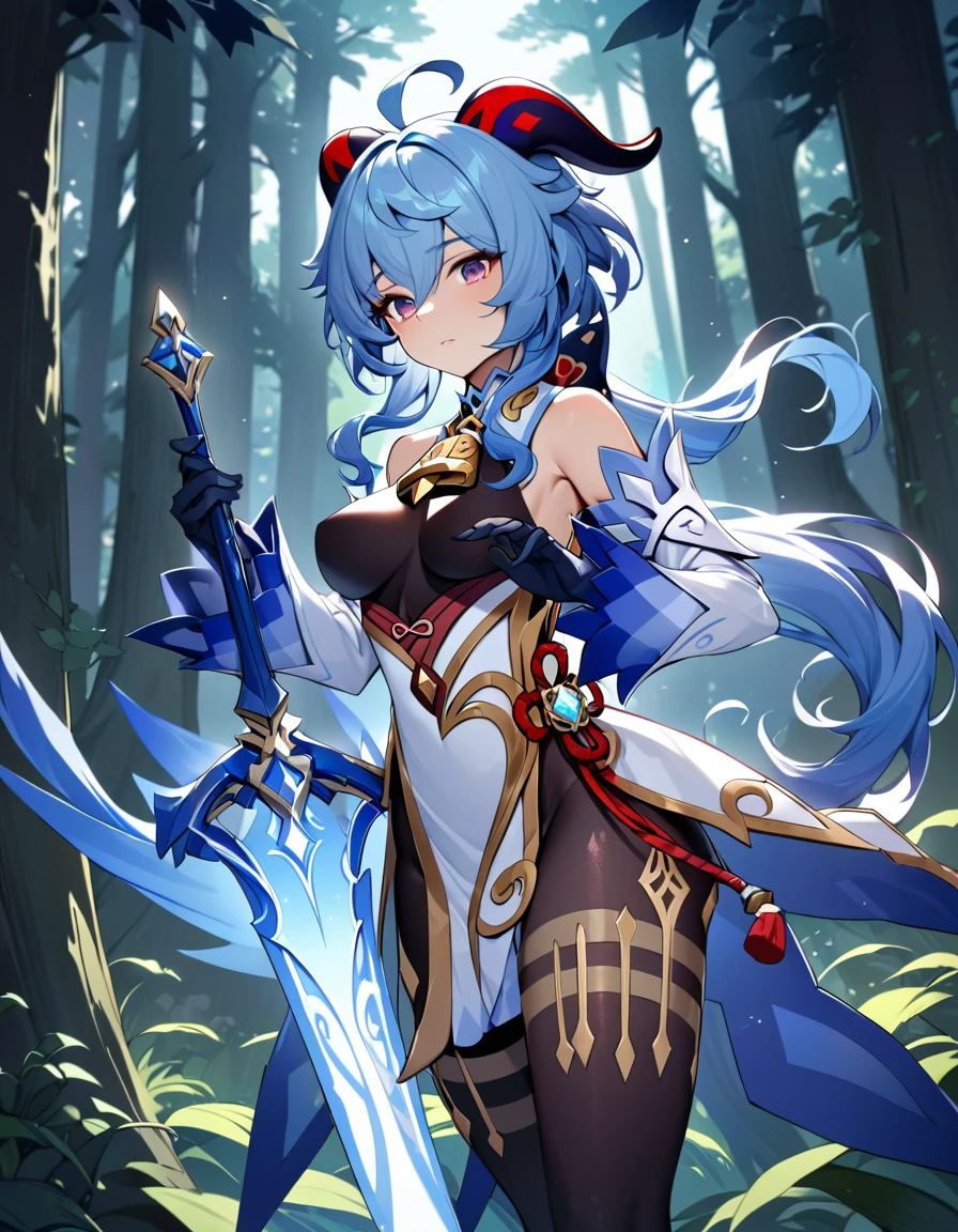 Ganyu (genshin impact), use blue Epic paladin Armor, sword 1 hand, hight quality, best quality, masterpiece, intricate details, high resolution, extremely detailed face, perfect lighting,(perfect hands), Detailed background, forest,