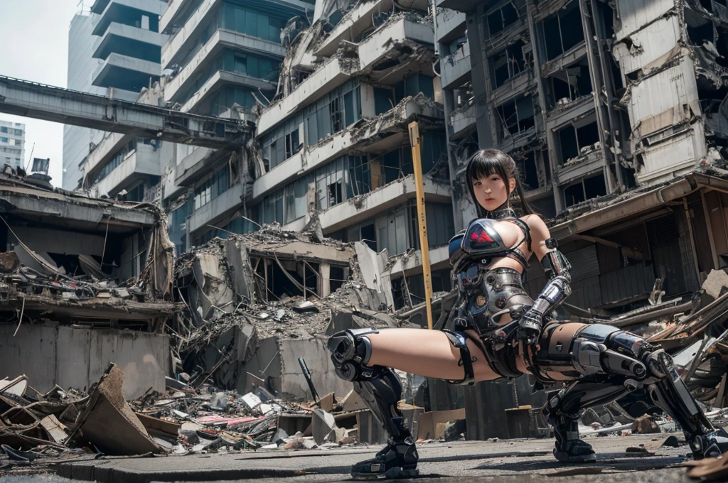 Highest quality,Very sophisticated beautiful Japanese cyborg girl, She spreads her legs and shows her vagina in front of the destroyed city of Kyoto、Mechanical chest、 Bionic body with futuristic details. (A highly sophisticated cyborg with his arms folded in front of a destroyed city, Bionic body with futuristic details.)