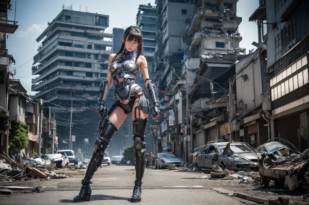 Highest quality,Very sophisticated beautiful Japanese cyborg girl, She spreads her legs and shows her in front of the destroyed city of Kyoto、Mechanical chest、 Bionic body with futuristic details. (A highly sophisticated cyborg with his arms folded in front of a destroyed city, Bionic body with futuristic details.)