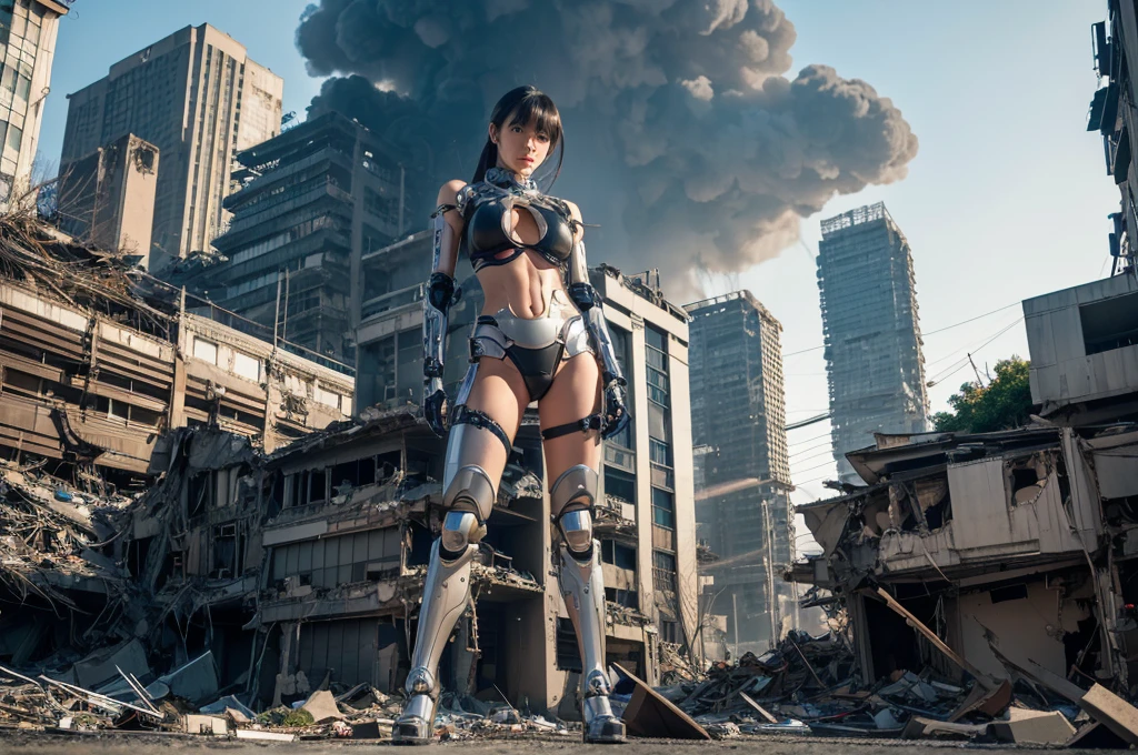 Highest quality,Very sophisticated beautiful Japanese cyborg girl, She spreads her legs and shows her vagina in front of the destroyed city of Kyoto、Mechanical chest、 Bionic body with futuristic details. (A highly sophisticated cyborg with his arms folded in front of a destroyed city, Bionic body with futuristic details.)