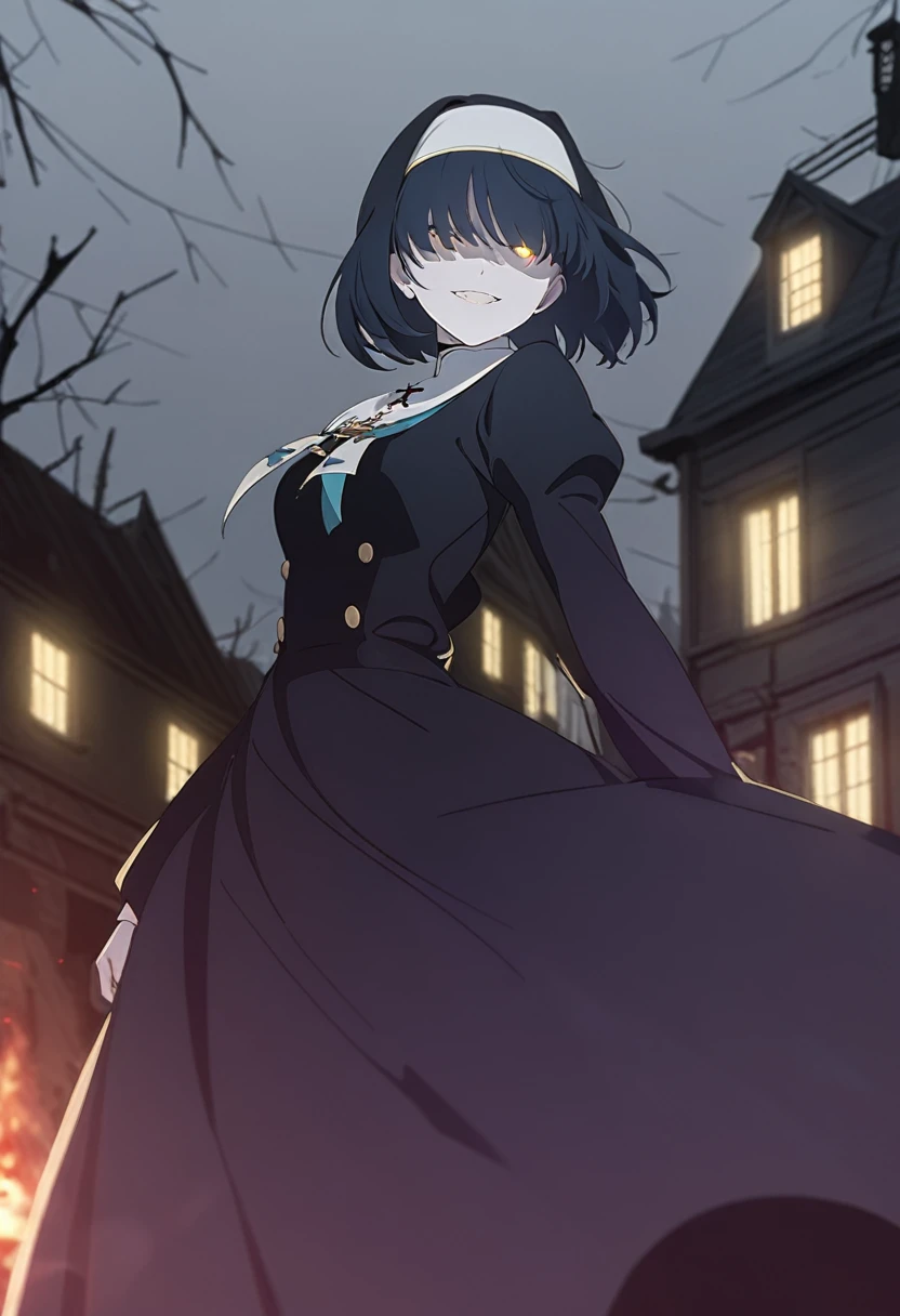 1girl, nun, cross, cross necklacke, jewelry, (black hair), (turquoise bangs), very short hair, hair over eyes, pale skin, yellow eyes, glowing eyes, black dress, house, evil smile, horror scene, (masterpiece), best quality, anime style, full body