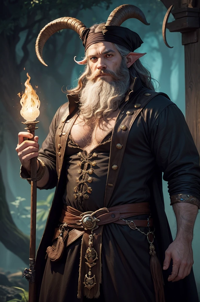 Create a fantasy-style illustration of a satyr warlock named Jean-Jacques Thulhu. He is 264 years old with a typical faun appearance: a full and large beard, black eyes and hair, and ram horns. Jean-Jacques wears simple pirate clothing and carries a light crossbow. His overall appearance should convey the chaotic neutral and anarchistic personality of a pirate who aspires to be the king of pirates and the chosen one of his patron, The Great Old One.