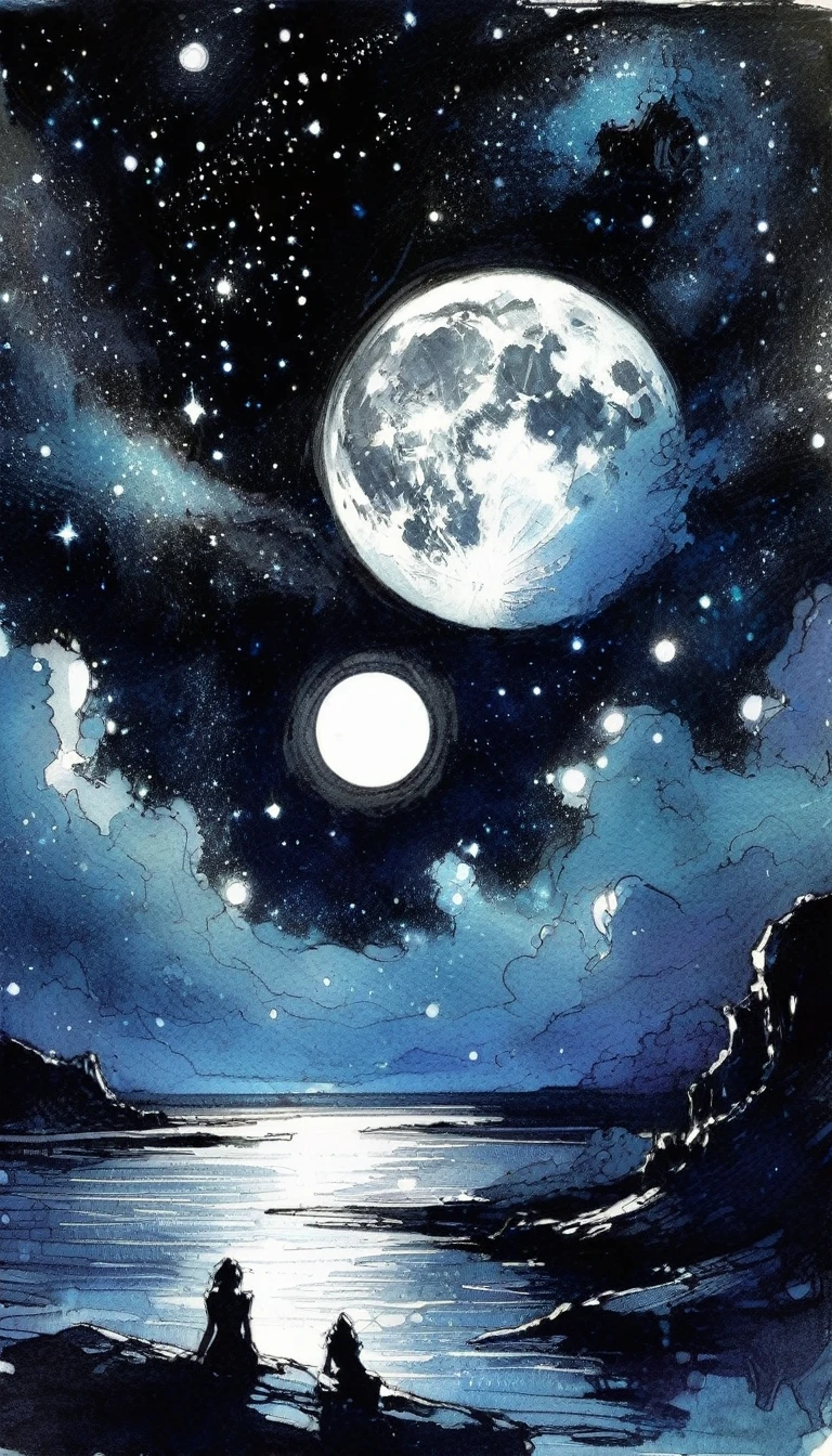 some sexy, dark, loneliness,magic, fantastic, night sky, moon, stars, background, , tmari, sketch, traditional media, pen drawing, white background (art inspired by Bill Sienkiewicz). oil painting)