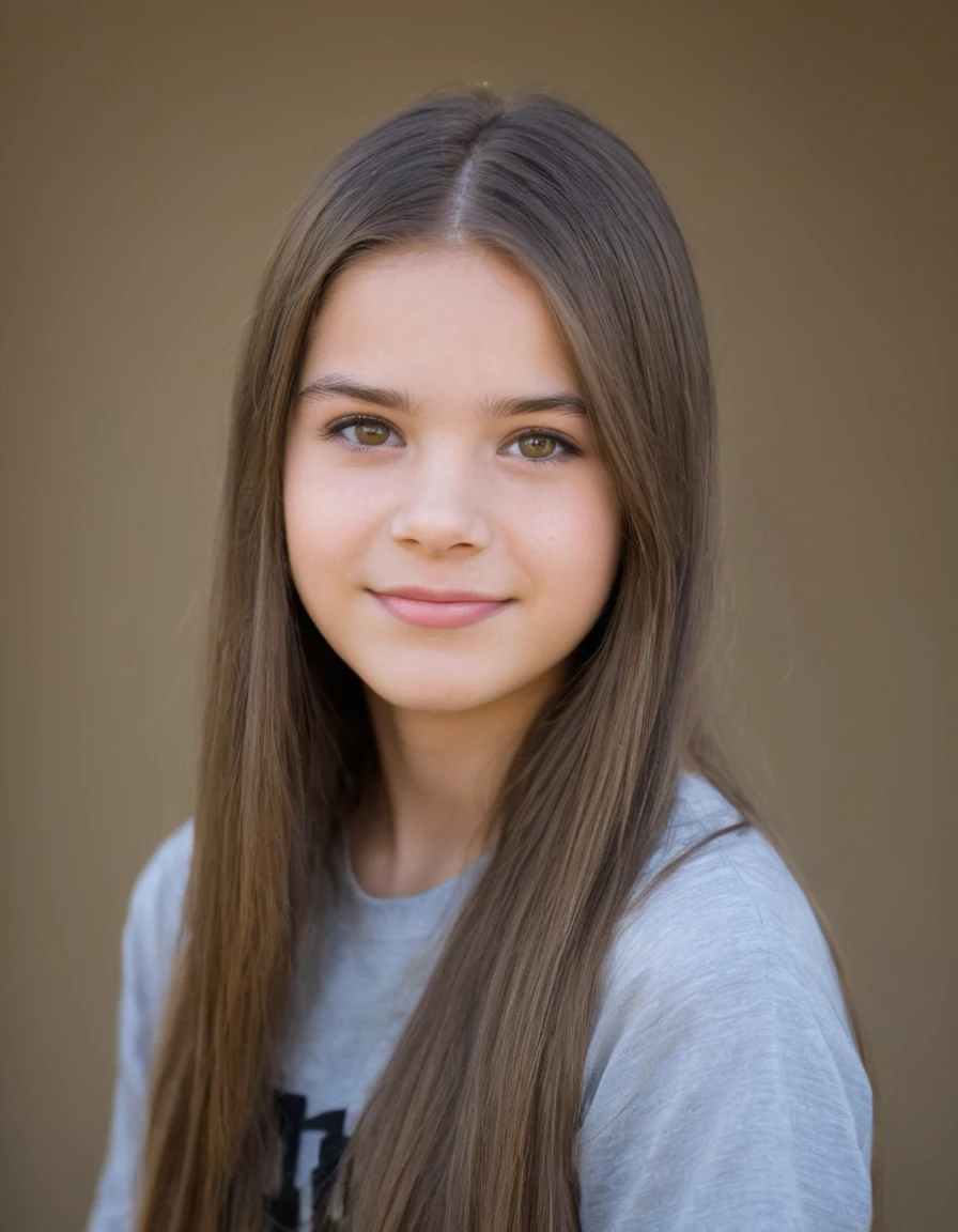 19 year old girl, pretty, very clear skin, Full mouth, long straight brown hair, styled hair, face photo, neutral facial expression, looking at the camera, realisitic