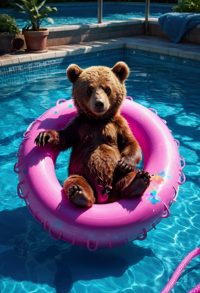 Pool , An adorable bear cub floating on its back on a pink inner tube in a swimming pool, hyperdetailed, 8k resolution concept art, cinematic, volumetric lighting, maximalist, detailed matte painting, deep color, fantastical, intricate detail, splash screen, complementary colors, fantasy concept art, 8k resolution trending on Artstation Unreal Engine 5, masterpiece, best quality, very aesthetic, absurdres