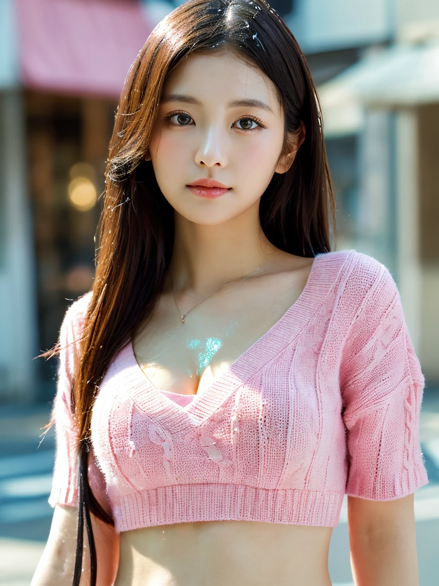 (Highest quality、超High resolution、 Tabletop, Mid-length hair, Moisturized eyes down to the finest detail, Textured skin, Highest quality, figure, Super detailed, In detail, High resolution, In 8K, wallpaper, Perfect dynamic composition, Beautiful attention to detail, Natural Lip, Medium chest:1.2, Cleavage, Random sexy poses, (Short sleeve pink knit、Two Piece、Belly button)、Rain-soaked street corner