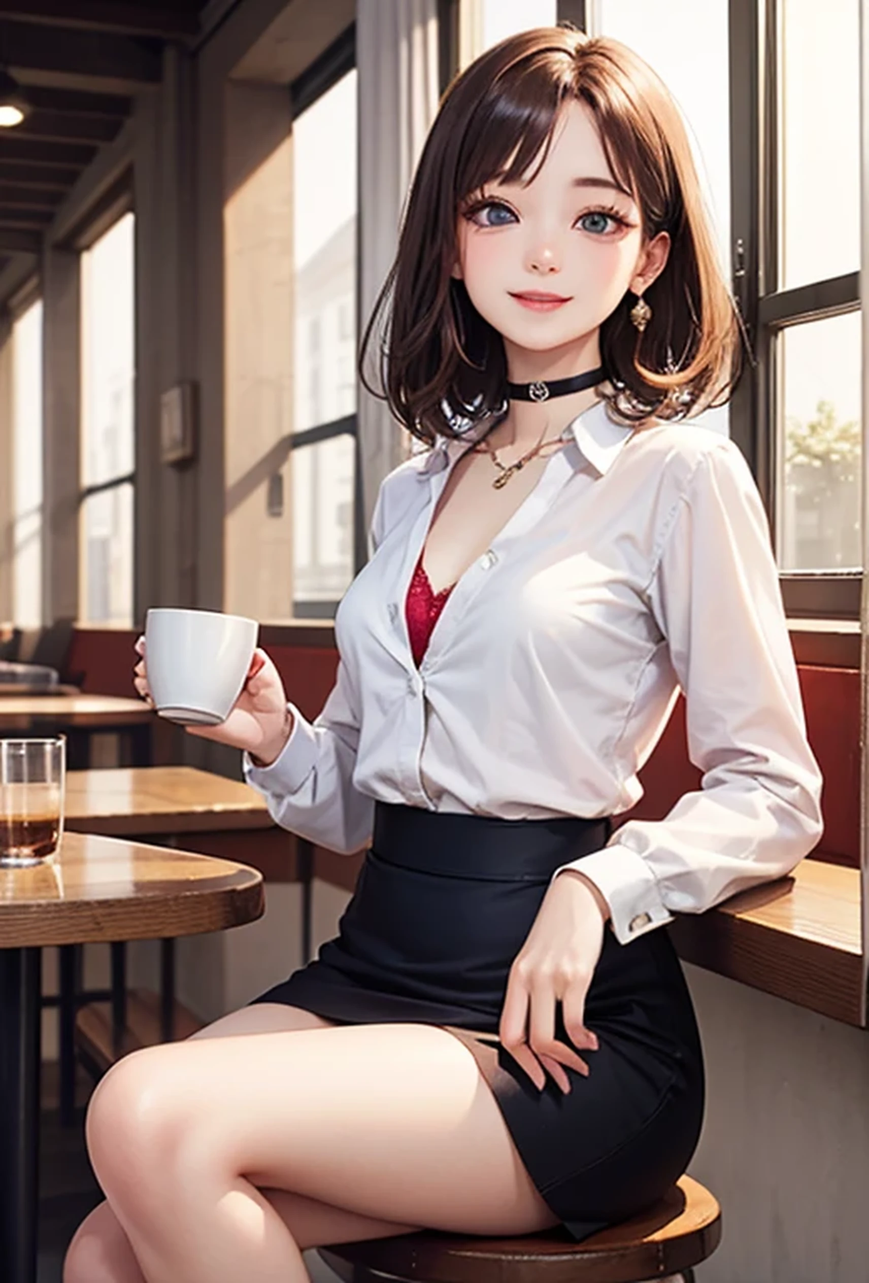 (Photorealistic:1.8, Highest quality:1.8,8K masterpiece:1.8,High resolution,Mastepiece:1.8,RAW Photos,Cinematic lighting)、Detailed Background、((Flat Color))、morning、Cafe、Window light、（A female secretary holding a coffee cup)、（happy、Smiling face）、
（choker、big chest、White blouse、Mini skirt with slit、Wide open chest、Beautiful thighs、Beautiful breastedium Hair、Beautiful, shining red, white, silver-brown hair:1.5)、Sparkling Blue Eyes、Random Pause、TWICE&#39;s Tzuyu&#39; on pause