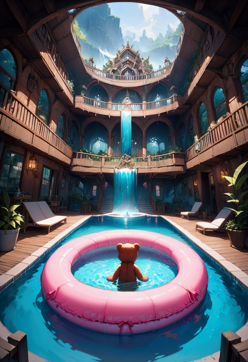 Pool , An adorable bear cub floating on its back on a pink inner tube in a swimming pool, hyperdetailed, 8k resolution concept art, cinematic, volumetric lighting, maximalist, detailed matte painting, deep color, fantastical, intricate detail, splash screen, complementary colors, fantasy concept art, 8k resolution trending on Artstation Unreal Engine 5, masterpiece, best quality, very aesthetic, absurdres