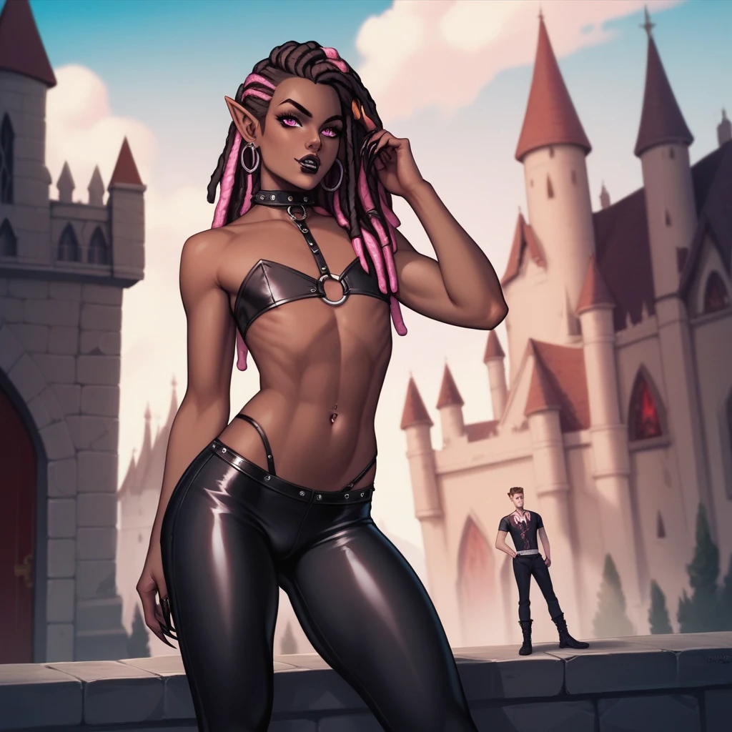 Best quality, highly detailed, ultra detailed, 1 brown skin boy, flat chest, male chest, slim curvy body, long pink dreadlocks, pink dreadlocks, pink eyes, vampire, pointy ears, sharp nails, black lipgloss, goth, wearing black bodysuit, black tight pants, big , castle, vampire castle, standing next to boy in chastity