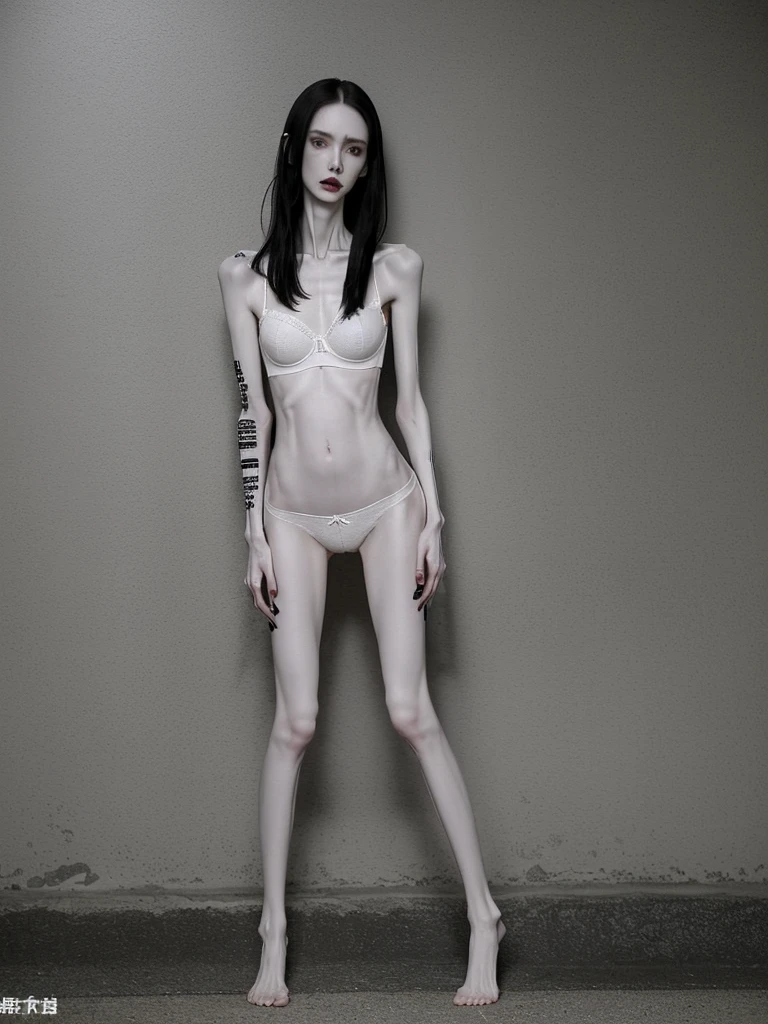 a woman, very thin body, body visible bones, very slender, pale white skin, panties, bra,tatto, full body, has a mental breakdown in an underground prison, sweaty weat body