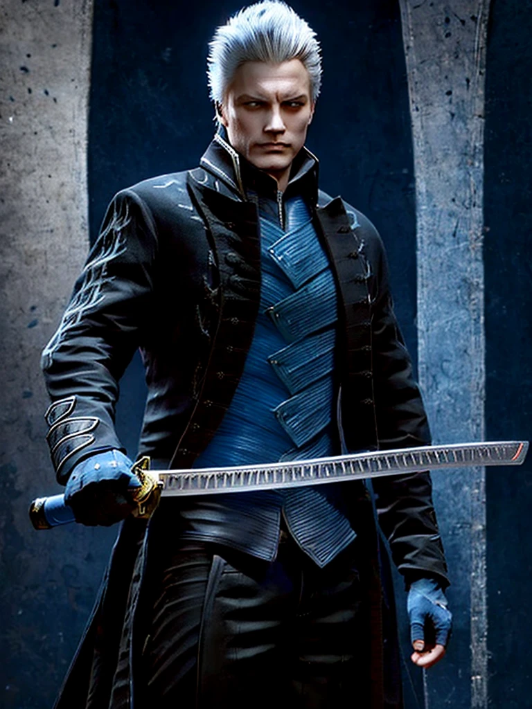 Vergil, blue clothing, robe, katana with white handle, devil may cry, white hair, slick back, blue eyes, cold stare, holding katana, detailed, realistic, dynamic pose, swinging katana, facing viewer
