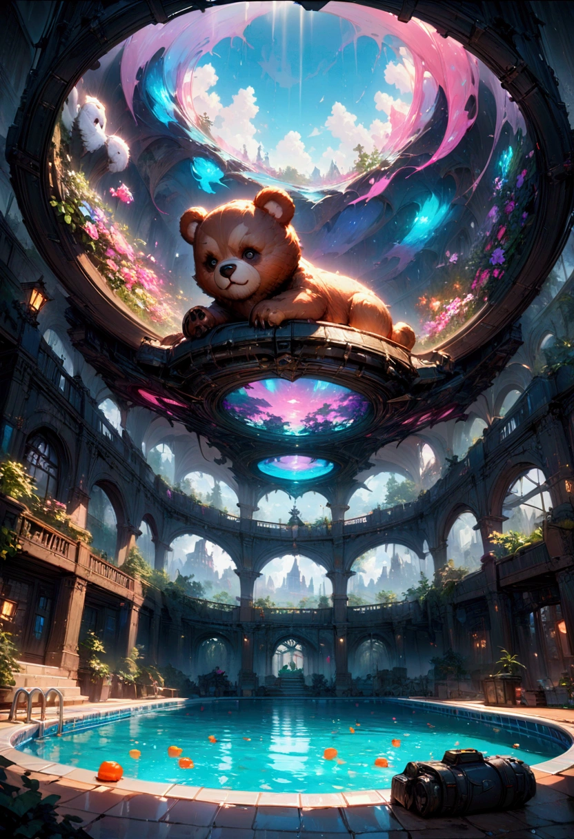 Pool , An adorable bear cub floating on its back on a pink inner tube in a swimming pool, hyperdetailed, 8k resolution concept art, cinematic, volumetric lighting, maximalist, detailed matte painting, deep color, fantastical, intricate detail, splash screen, complementary colors, fantasy concept art, 8k resolution trending on Artstation Unreal Engine 5, masterpiece, best quality, very aesthetic, absurdres
