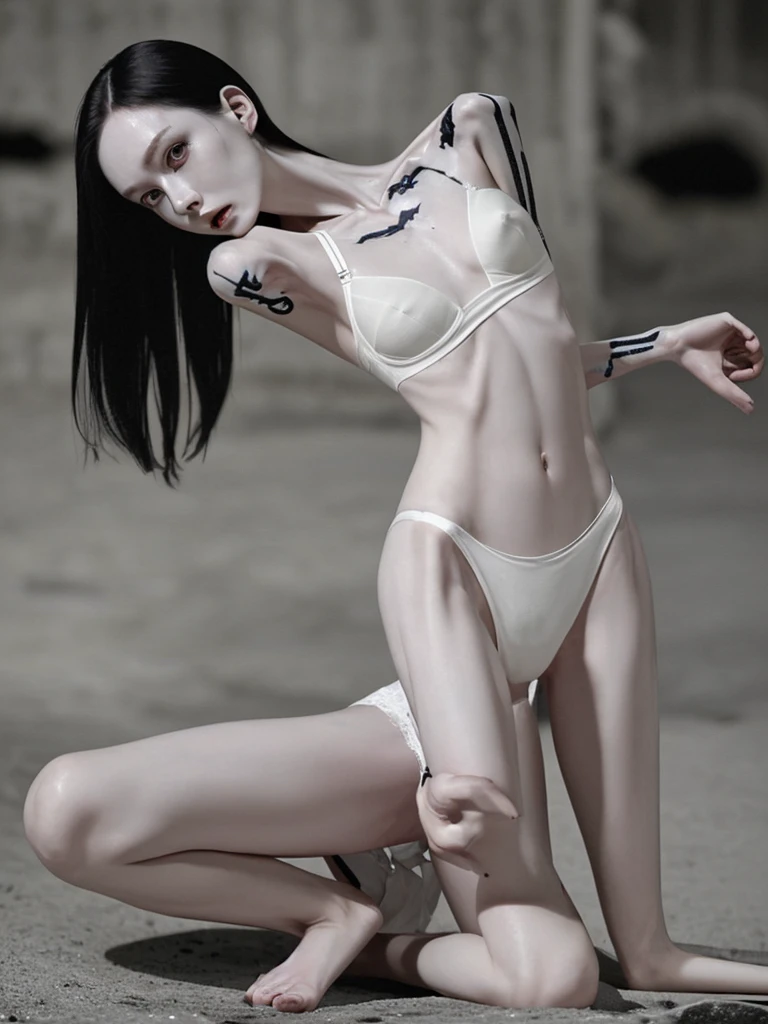 a woman, very thin body, body visible bones, very slender, pale white skin, panties, bra,tatto, full body, has a mental breakdown in an underground prison, sweaty weat body
