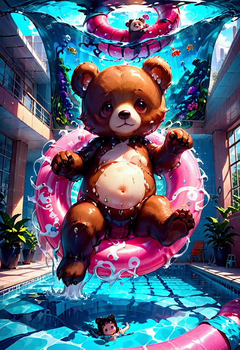 Pool , An adorable bear cub floating on its back on a pink inner tube in a swimming pool, hyperdetailed, 8k resolution concept art, cinematic, volumetric lighting, maximalist, detailed matte painting, deep color, fantastical, intricate detail, splash screen, complementary colors, fantasy concept art, 8k resolution trending on Artstation Unreal Engine 5, masterpiece, best quality, very aesthetic, absurdres