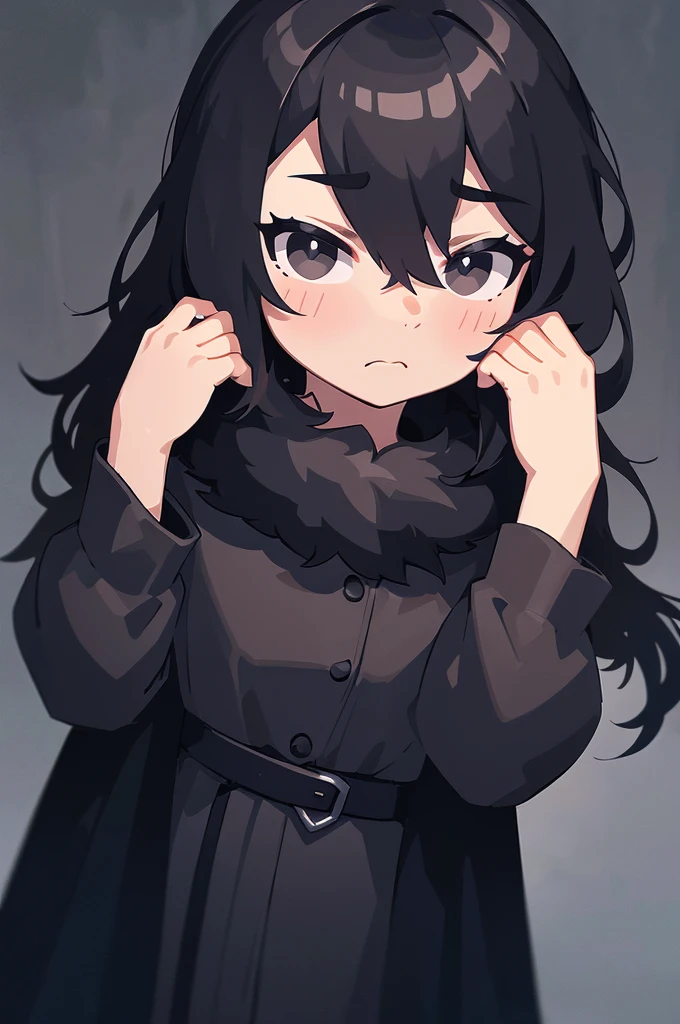 A boy with long black hair, black eyes, wearing a black coat with fur, standing in a stone background, with a pathetic expression on his face, (best quality,4k,8k,highres,masterpiece:1.2),ultra-detailed,(realistic,photorealistic,photo-realistic:1.37),detailed facial features,highly detailed hair,intricate clothing details,moody lighting,cinematic composition,dramatic shadows,muted colors,gloomy atmosphere