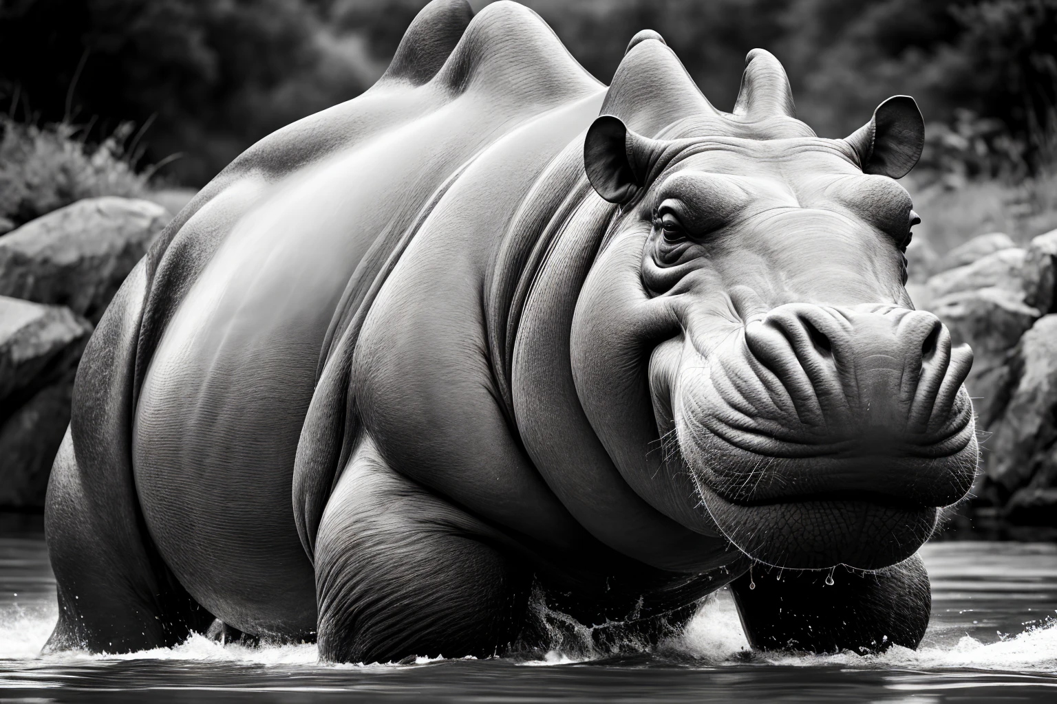 masterpiece, highest qualitiy,8k,monochrome,Hippopotamus,