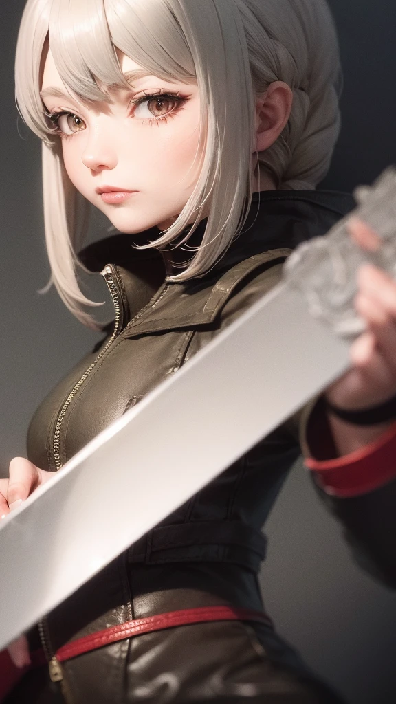 masterpiece, concept art, close up shot, Brandishing a Sword, head to toe((must)), aschgray haired early 20's Russian girl, Wearing jet black, cutting edge protective gear, , Ilya Kuvshinov's style