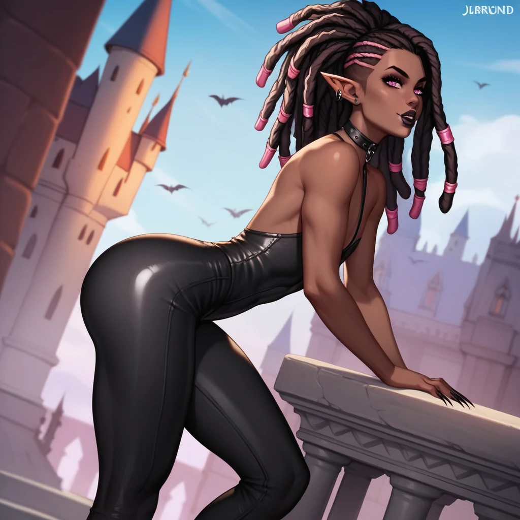Best quality, highly detailed, ultra detailed, 1 brown skin boy, flat chest, male chest, slim curvy body, long pink dreadlocks, pink dreadlocks, pink eyes, vampire, pointy ears, sharp nails, black lipgloss, goth, wearing black bodysuit, black tight pants, big butt, jerking off, jerk off, castle, vampire castle