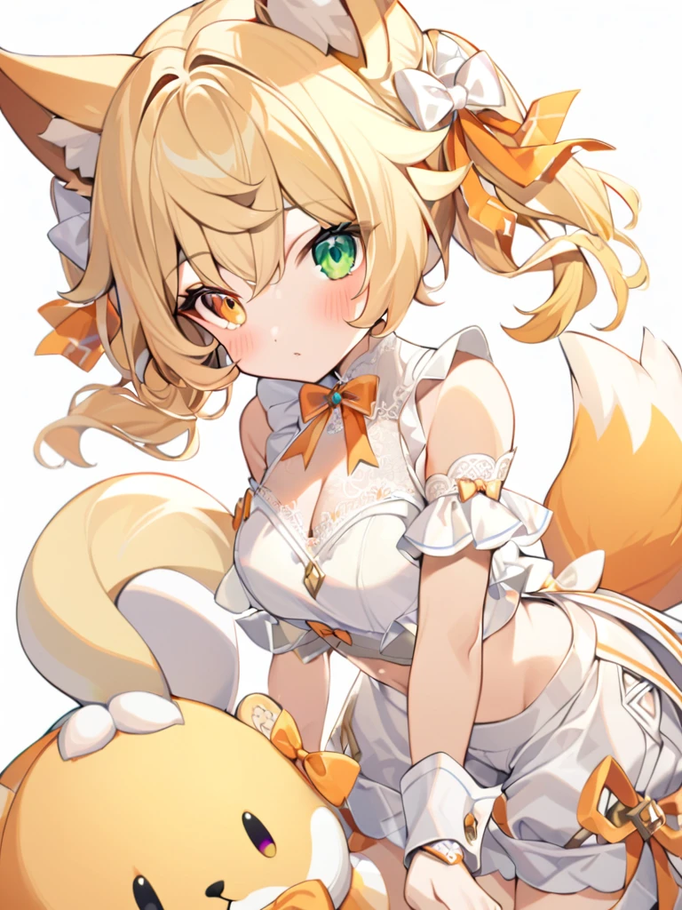 1girl, animal ears, bangs, bare shoulders, blonde hair, blush, bow, breasts, white cleavage, cropped torso, , green eyes, hair ribbon, heterochromia, stlooking at viewer, , orange bow, orange eyes, orange ribbon, ears like an unearthly animal, fluffy tail, light tail, real tail, ribbon, solo, stuffed animal, stuffed bunny, stuffed toy, twintails, upper body, full-length, white legbands, white shoes with lace and white bows, white background, wrist cuffs, yellow eyes, bloomers, close-up, fair skin frills, lace, midriff, skirt, solo, , white background,shorts, white top with ribbon and lace and trousers,trousers, genshin,white slippers with a bow,All clothes are white, laceAt full height, it stands, в полный рост