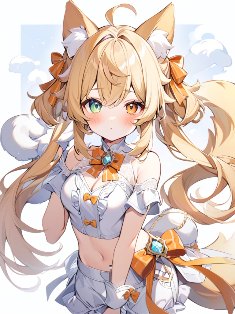 1girl, animal ears, bangs, bare shoulders, blonde hair, blush, bow, breasts, white cleavage, cropped torso, , green eyes, hair ribbon, heterochromia,  stlooking at viewer, , orange bow, orange eyes, orange ribbon, ears like an unearthly animal, fluffy tail, light tail, real tail, ribbon, solo, stuffed animal, stuffed bunny, stuffed toy, twintails, upper body, full-length, white legbands, white shoes with lace and white bows, white background, wrist cuffs, yellow eyes, bloomers, close-up, fair skin frills, lace, midriff, skirt, solo, , white background,shorts, white top with ribbon and lace and trousers,trousers, genshin,white slippers with a bow,All clothes are white, laceAt full height, it stands, в полный рост