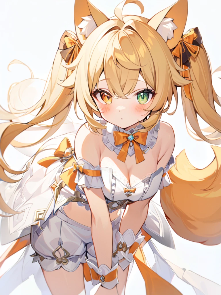 1girl, animal ears, bangs, bare shoulders, blonde hair, blush, bow, breasts, white cleavage, cropped torso, , green eyes, hair ribbon, heterochromia,  stlooking at viewer, , orange bow, orange eyes, orange ribbon, ears like an unearthly animal, fluffy tail, light tail, real tail, ribbon, solo, stuffed animal, stuffed bunny, stuffed toy, twintails, upper body, full-length, white legbands, white shoes with lace and white bows, white background, wrist cuffs, yellow eyes, bloomers, close-up, fair skin frills, lace, midriff, skirt, solo, , white background,shorts, white top with ribbon and lace and trousers,trousers, genshin,white slippers with a bow,All clothes are white, laceAt full height, it stands, в полный рост
