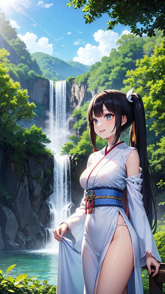 Sexy beauty，Beautiful Japanese Landscape、Big waterfall，Sunlight shines through the green leaves、The costume is a white half dress.、Light blue long hair、Beautiful girl with twin tails、Look up at the sky、Bright smile