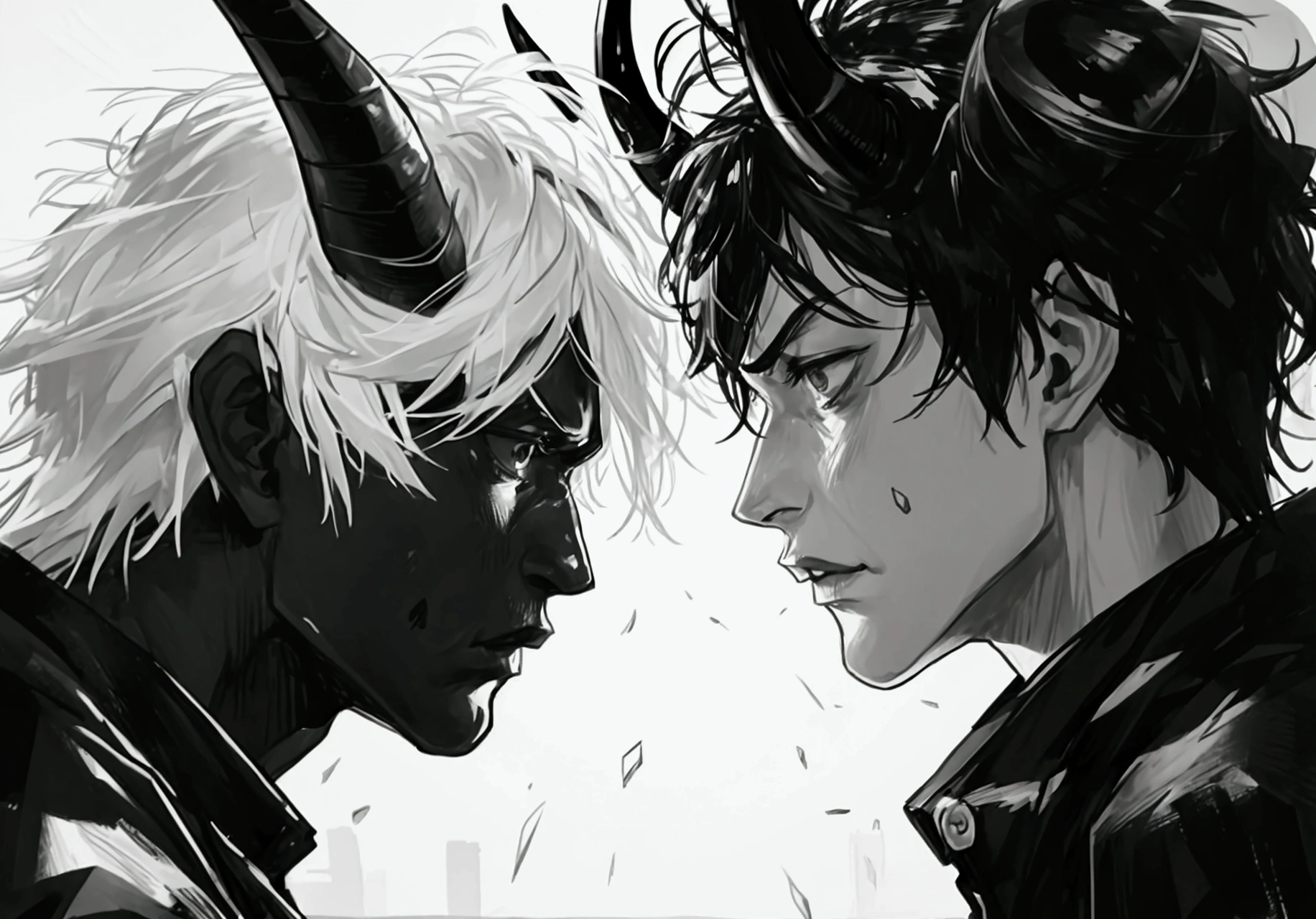 a black and white image of two people punching each othe on the face, only their faces are seeable,(one is a normal guy,and the other is a monster with two horns on his head)
