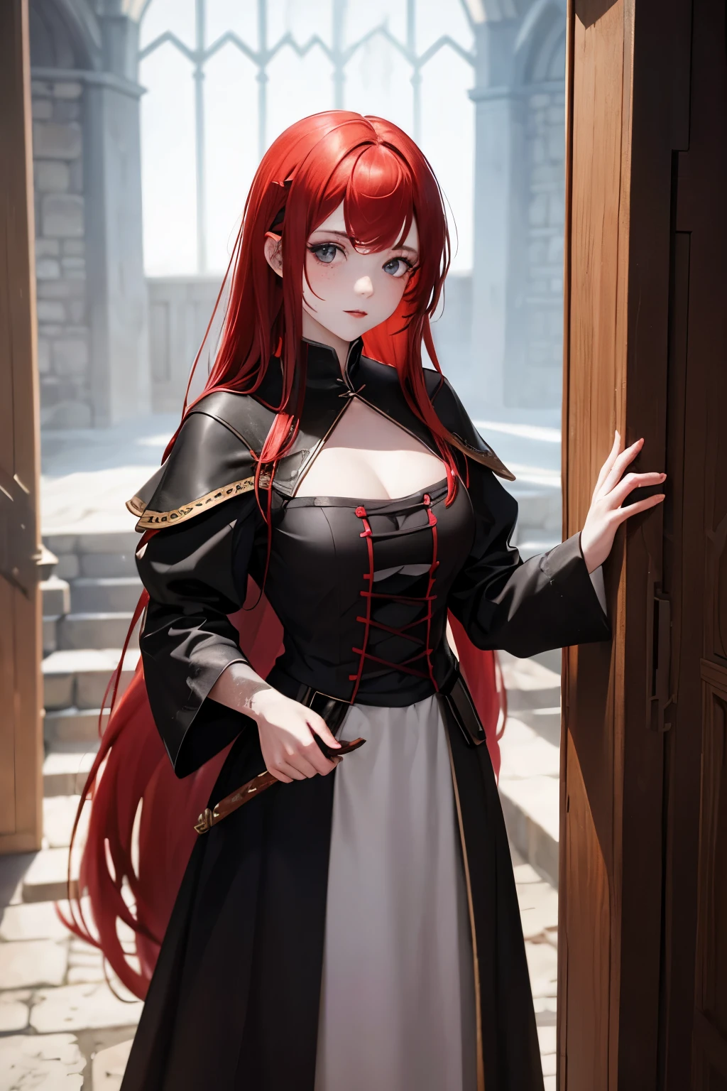 Girl with white skin, fiery red hair, in a medieval witch dress, Show, black eyes, Freckles, full height