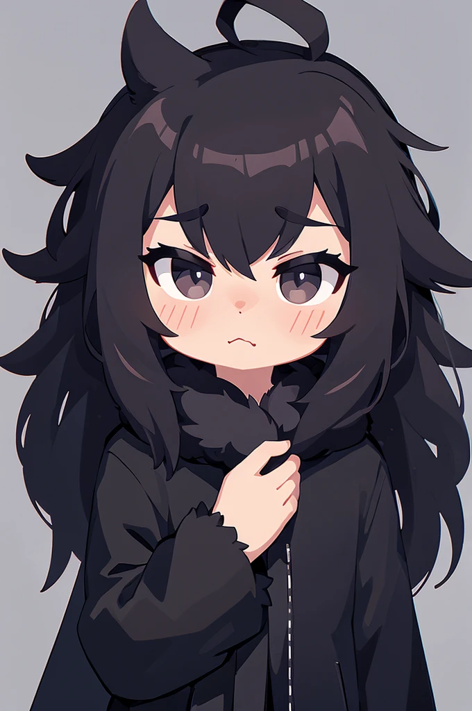 boy, long hair, spike hair, black hair, black eyes, black coat with fur, stone background, pathetic face