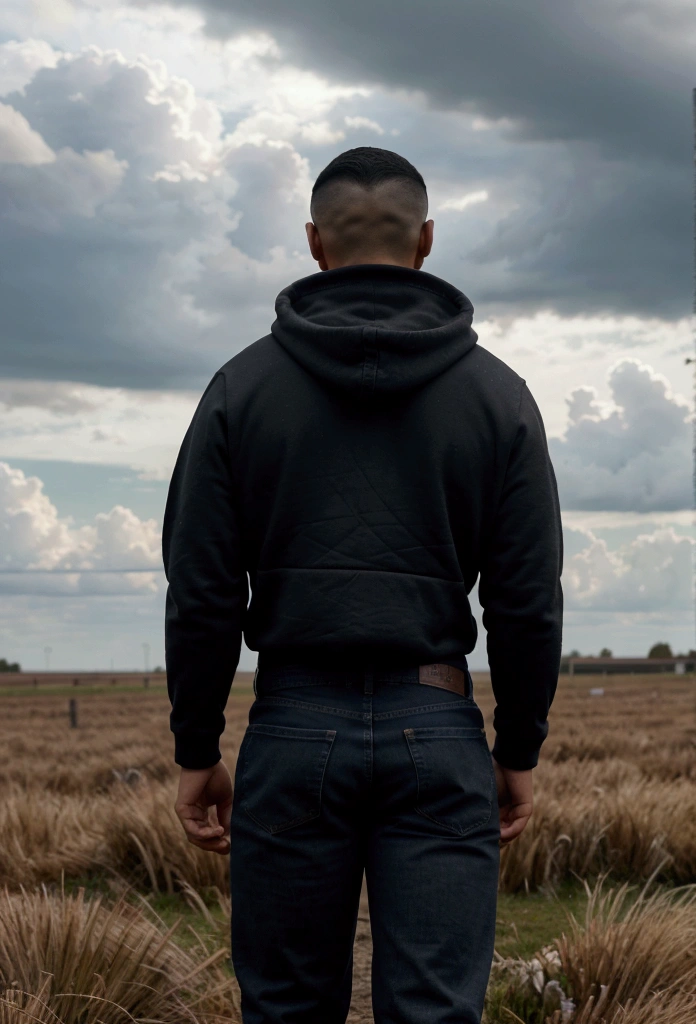 a latin man, 28 years old dark, without so much front, with comb over haircut , for the side and beard black, barba mediana, warm with white hooded sweatshirt, with jeans, With your back to the camera, 1 man in the scene in far distance of the camera focus , a field and plain scene. wide angle camera scene, contemplative scene, full body shot, cloudy, movie perspective, High Definition, photorealistic