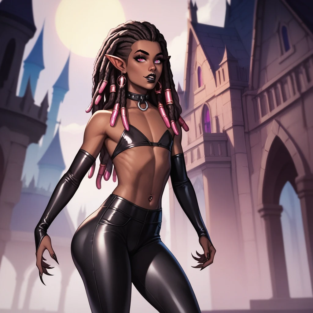 Best quality, highly detailed, ultra detailed, 1 brown skin boy, flat chest, male chest, slim curvy body, long pink dreadlocks, pink dreadlocks, pink eyes, vampire, pointy ears, sharp nails, black lipgloss, goth, wearing black bodysuit, black tight pants, penis, jerk off, castle, vampire castle