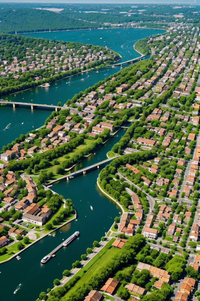 A small city. A city without houses that has defined streets with green areas, a lake and a river.