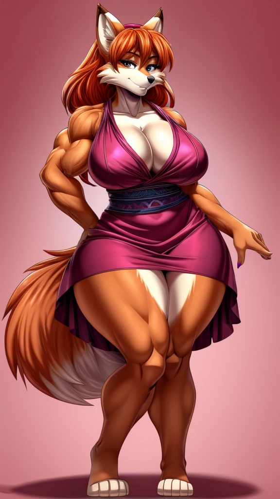 Skye fron Paw Patrol, as a female fox, anthro, adult, tall, muscular, tomboy, big brbutt, thicc thigharge orange hair with fringe, magenta iris, massive female, bright red dress, solo, beautiful, high quality, manhwa style, clear background, front view, 4K