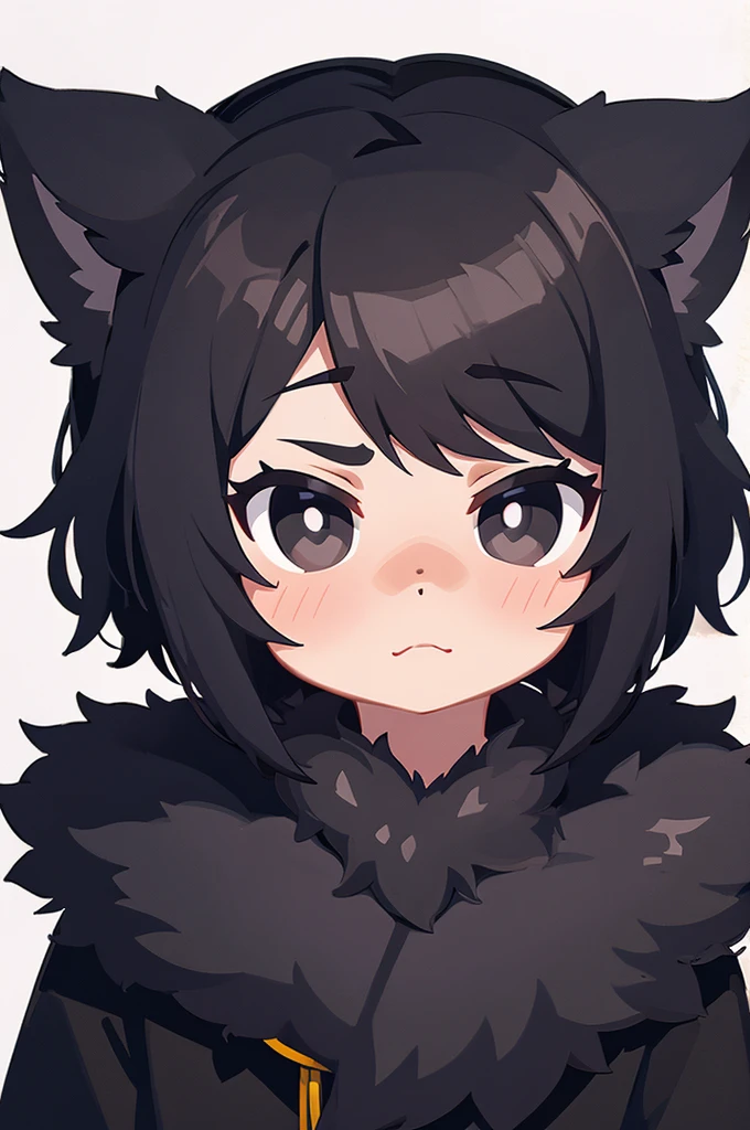 boy, black hair, black eyes, black coat with fur, stone background, pathetic face