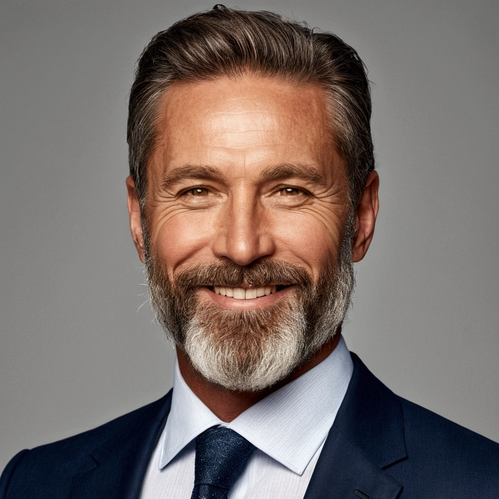 A distinguished 50 year old man, prefect body, with a well-trimmed beard, shirt Yellow, a sparkle in the eyes and a smile.