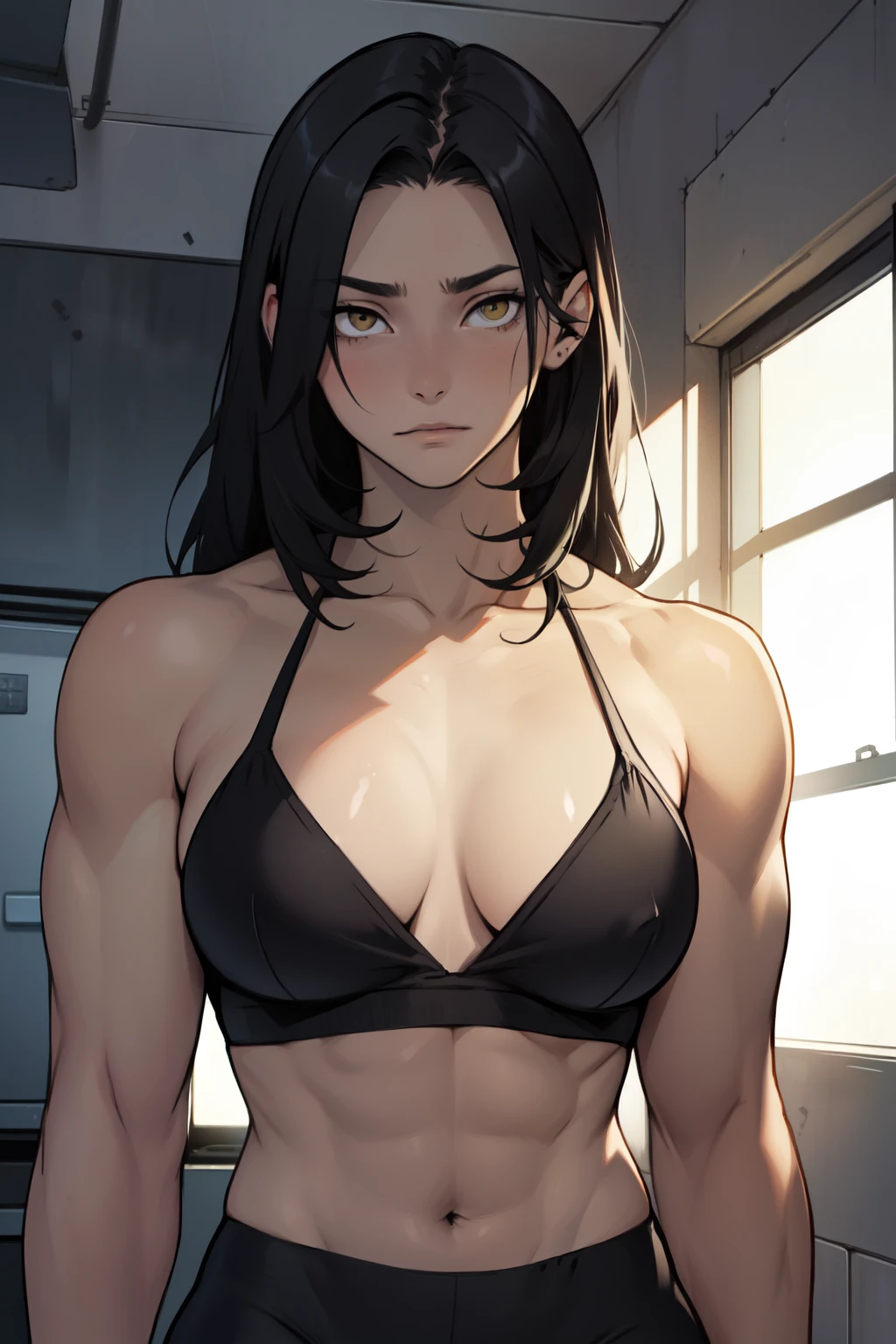 slender girl thick muscular girl black hair yellow eyes pale skin sad girl sad