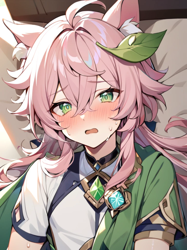 1boy, bangs, choker, gem, green cape, green eyes, green gemstone, hair between eyes, leaf, leaf hair ornament, long hair, looking at viewer, male focus, , pink hair, shirt, short sleeves, solo, upper body,ears , separate green ears, genshin clothes, funny guy , in full growth ,redness, moaning, erotic face, on the bed, sweat,