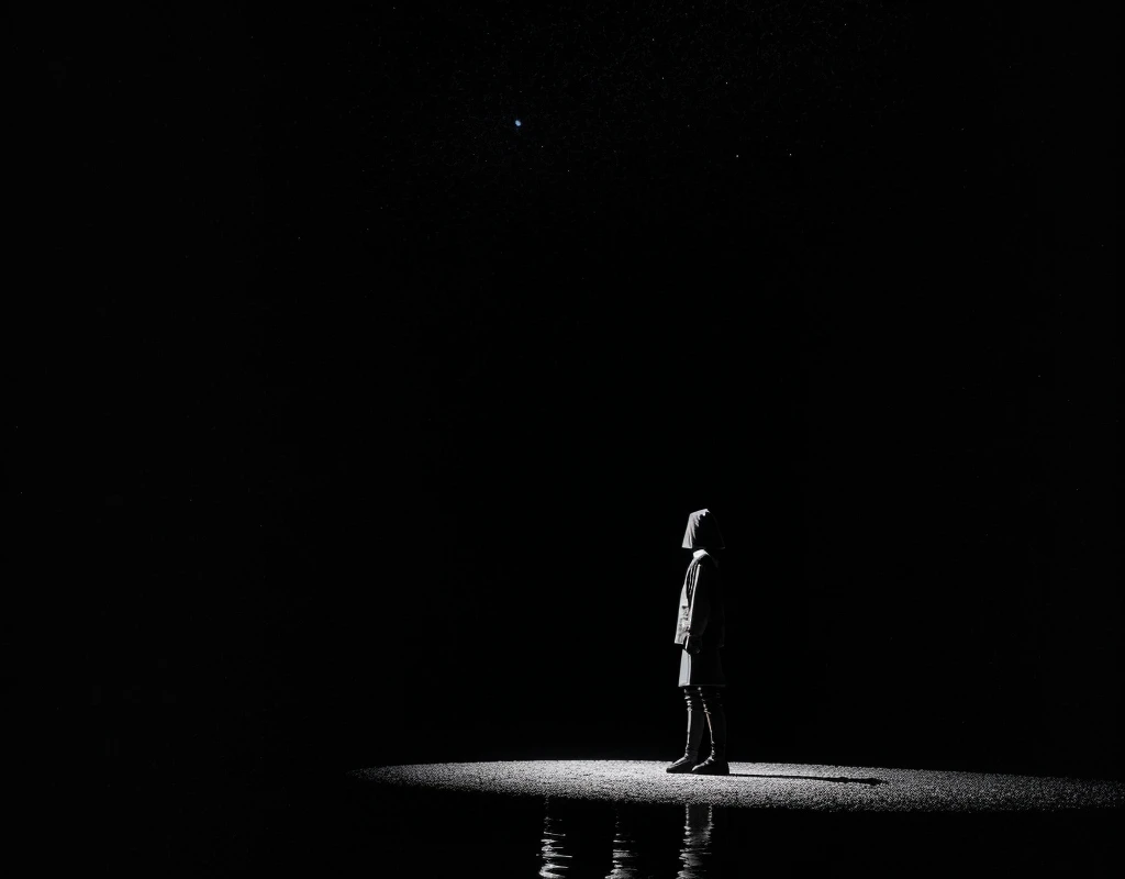 The figure floating alone in a completely dark space, with a peaceful expression on their face, despite the absence of any visual features around them.