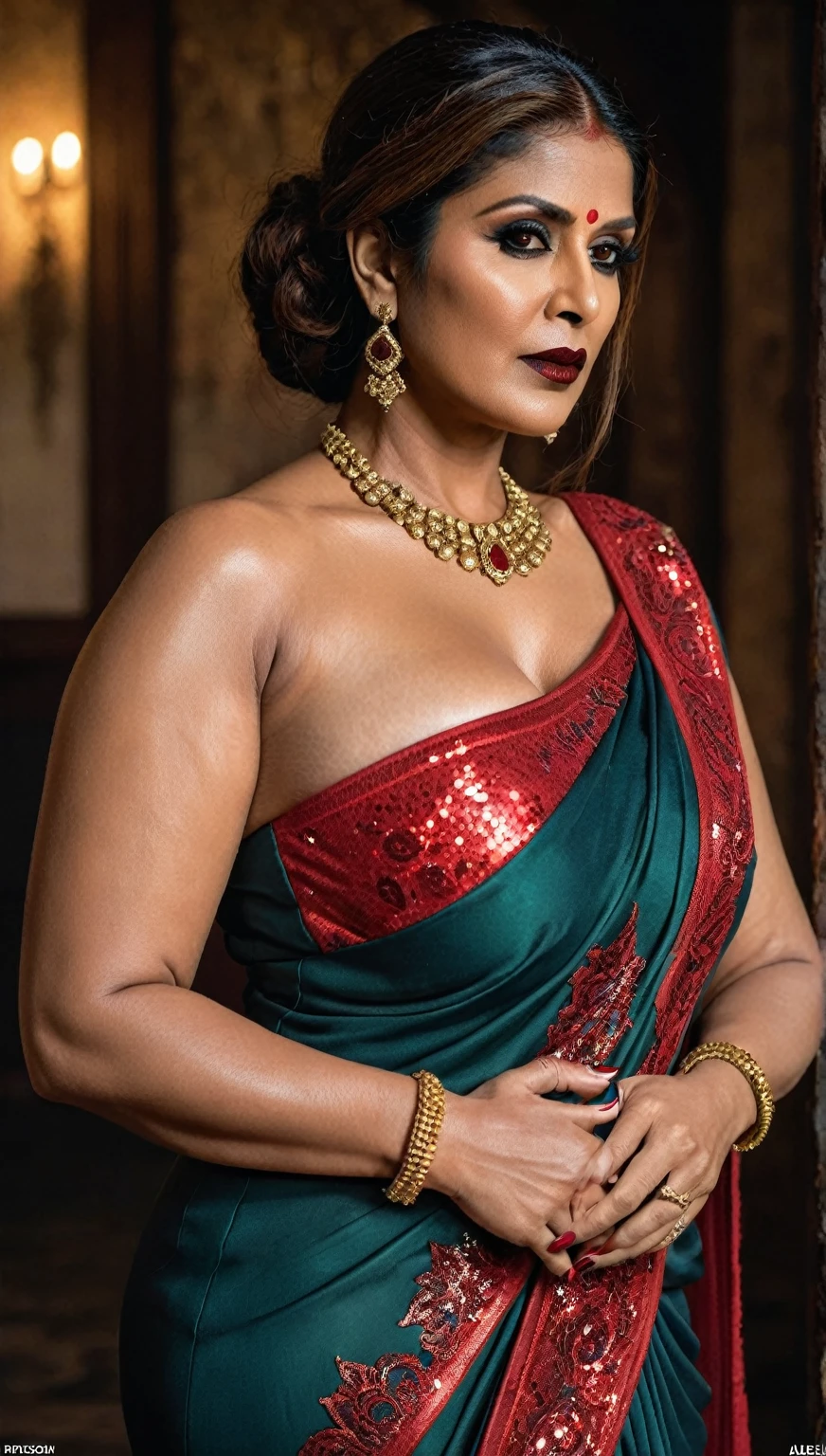 Looks like Nayanthara, milf, cougar lady witch, horny Gothic milf, 50 years old gorgeous mature lady, pervert demoness, demoness of lust, curvy, black lips, horny face, extremely gorgeous, thick figure, heavy physique, voluptuous, curvy, sexy figure, Fashionable portrait of androgynous alien looking witch wearing veil, glowing eyes, futuristic design, minimal details, givenchy, photoreal, 200mm, hd, f/ 2.0, highly detailed, surreal, sexy beautiful evil woman, sexy bold sequin Saree with strapless Bra, chudail, Pishachini, horror genre, blood-thirsty enchantress, powerful female spirit, eerie, drop dead, in the style of red and blue, (intricate details, hyperdetailed:1.15) (skin texture:1.2), dark Moody tone, cinematic lighting, haunted place in background,