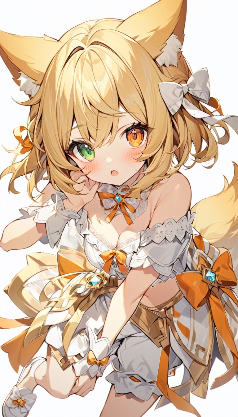 The fox girl,1girl, animal ears, bangs, bare shoulders, blonde hair, blush, bow, breasts, white cleavage, cropped torso, , green eyes, hair ribbon, heterochromia,  , looking at viewer, open mouth, orange bow, orange eyes, orange ribbon, ribbon, solo, stuffed animal, , , upper body, full-length, white legbands, white shoes with lace and white bows, white background, wrist cuffs, yellow eyes, bloomers, close-up, fair skin frills, lace, midriff, skirt, solo, , white background,shorts, white top with ribbon and lace and trousers,trousers, genshin,white slippers with a bow,All clothes are white, laceAt full height, it stands