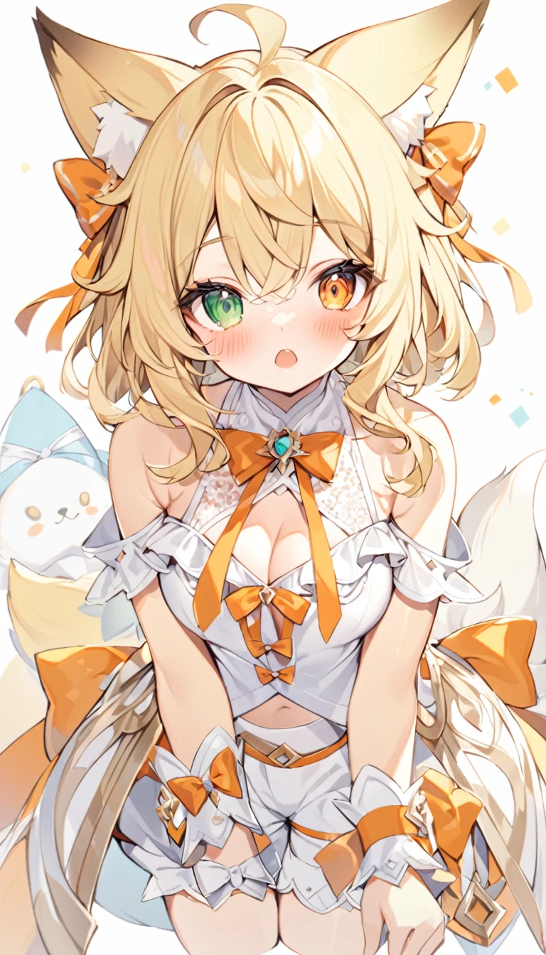 The fox girl,1girl, animal ears, bangs, bare shoulders, blonde hair, blush, bow, breasts, white cleavage, cropped torso, , green eyes, hair ribbon, heterochromia,  , looking at viewer, open mouth, orange bow, orange eyes, orange ribbon, ribbon, solo, stuffed animal, , , upper body, full-length, white legbands, white shoes with lace and white bows, white background, wrist cuffs, yellow eyes, bloomers, close-up, fair skin frills, lace, midriff, skirt, solo, , white background,shorts, white top with ribbon and lace and trousers,trousers, genshin,white slippers with a bow,All clothes are white, laceAt full height, it stands